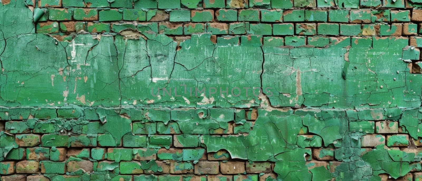 Weathered green bricks with peeling paint and cracks, revealing the texture and age of an old wall or building exterior