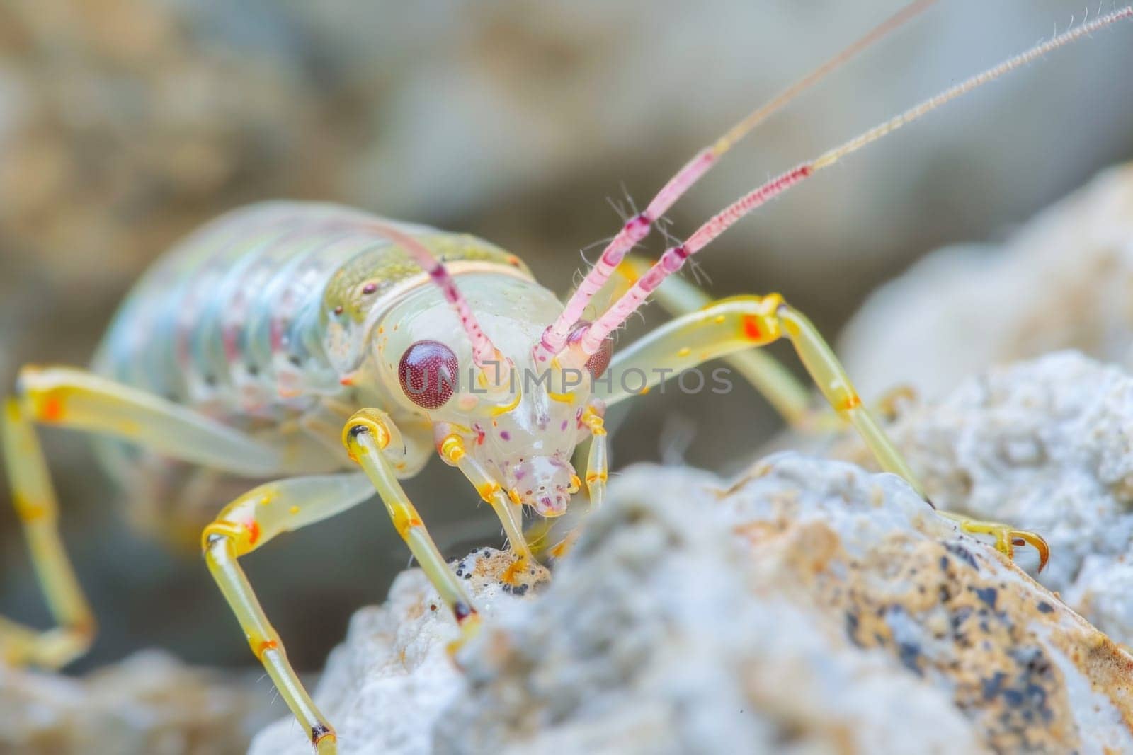 A detailed view of a bug crawling on a rough rock surface, showcasing the insects intricate features and the texture of the stone.