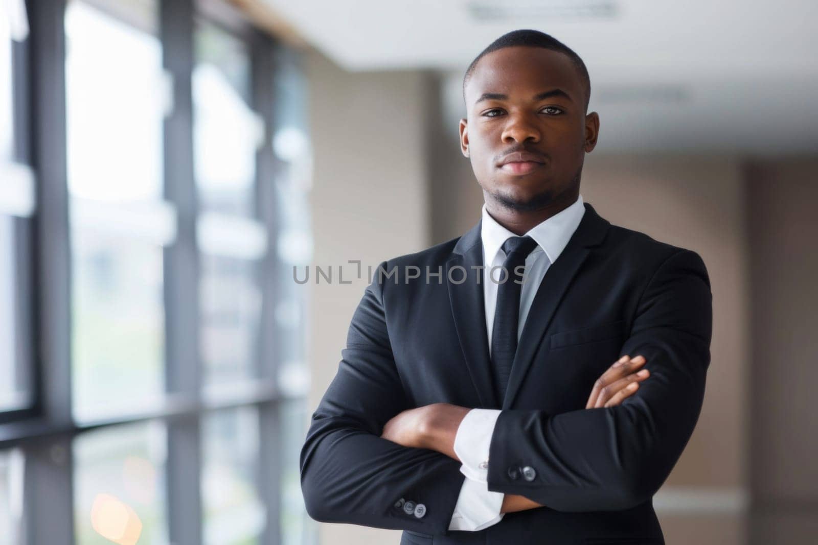 A man dressed in a suit standing with his arms crossed in a confident posture. His facial expression is serious and focused, exuding professionalism and authority.