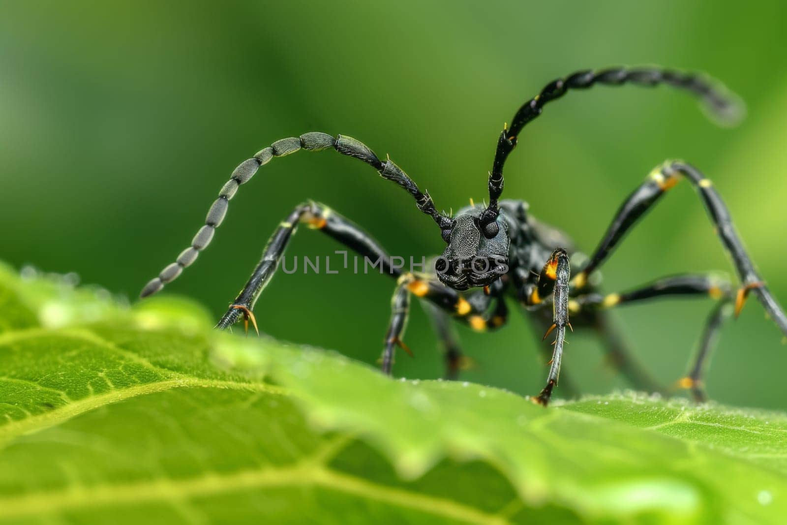 A detailed close-up of a spider gracefully navigating a green leaf with intricate web patterns visible in the background.