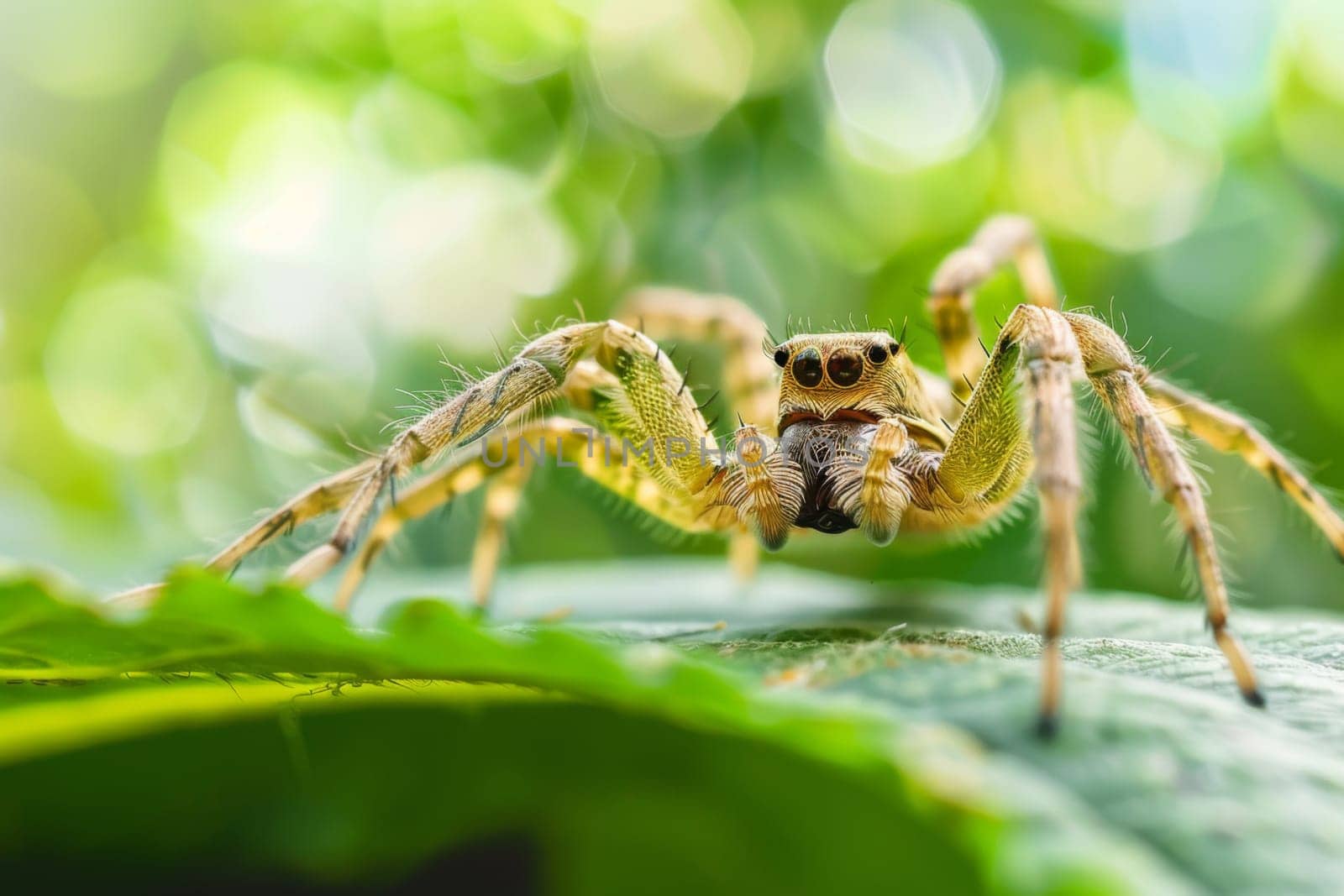 A close-up view of a spider navigating its way across a green leaf. The arachnids intricate body and legs are visible, contrasting against the leafs texture.