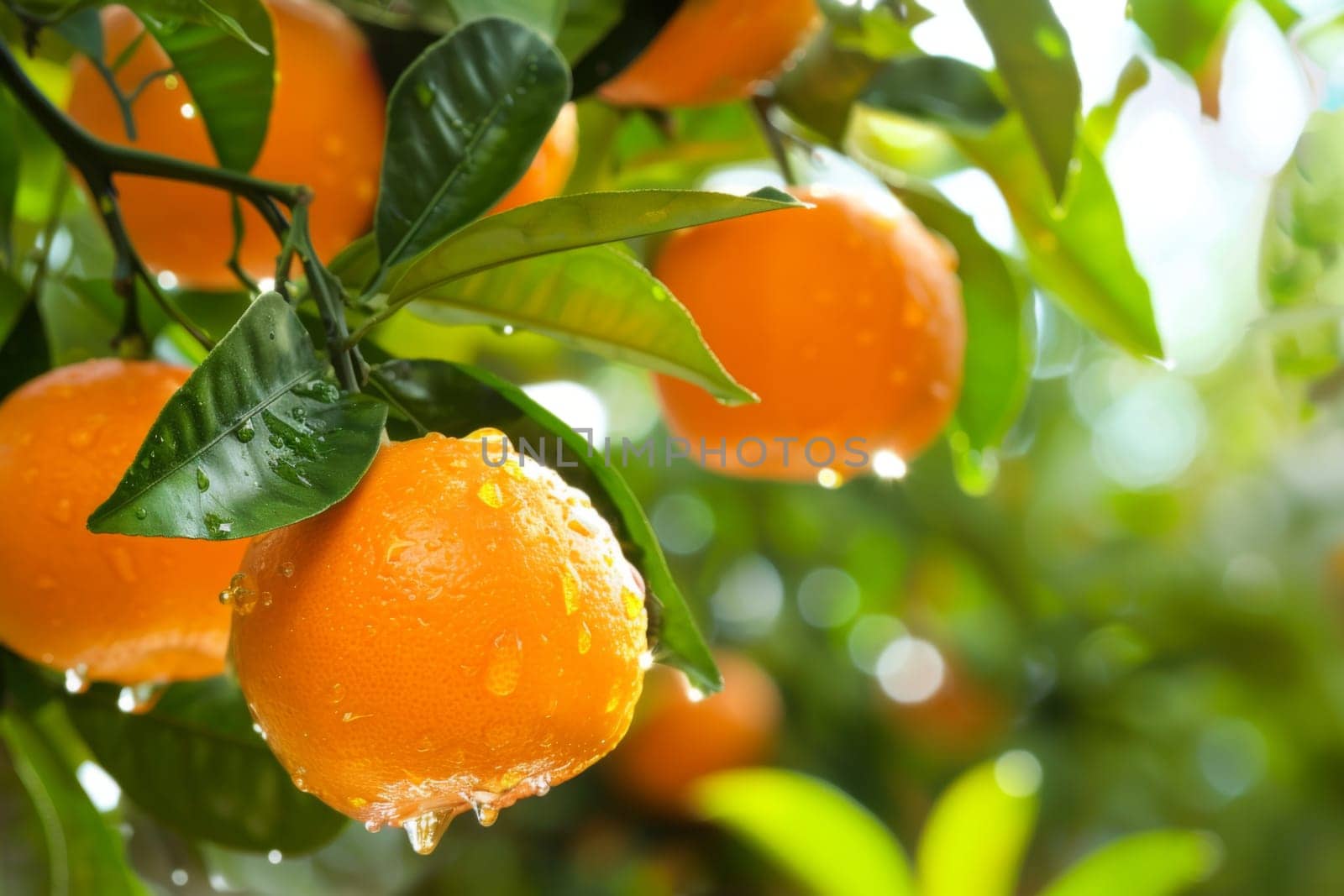 A tree bursting with ripe oranges, showcasing vibrant colors against a background of lush green leaves. The oranges hang in clusters, ready to be harvested, adding a burst of freshness to the scene.