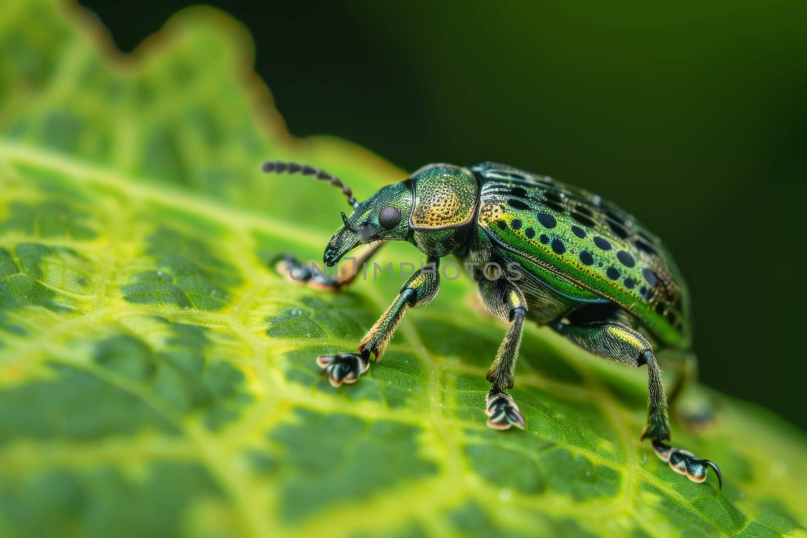 A detailed view of a beetle resting on a green leaf, showcasing its intricate body structure and unique characteristics. The beetle appears to be stationary, possibly feeding or taking a moment of rest.