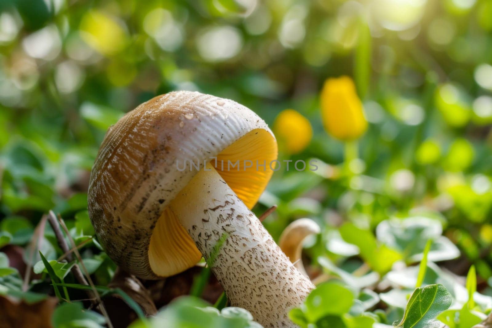 A detailed view of a mushroom growing among blades of grass, showcasing its unique shape, texture, and color against the green background of the grass.