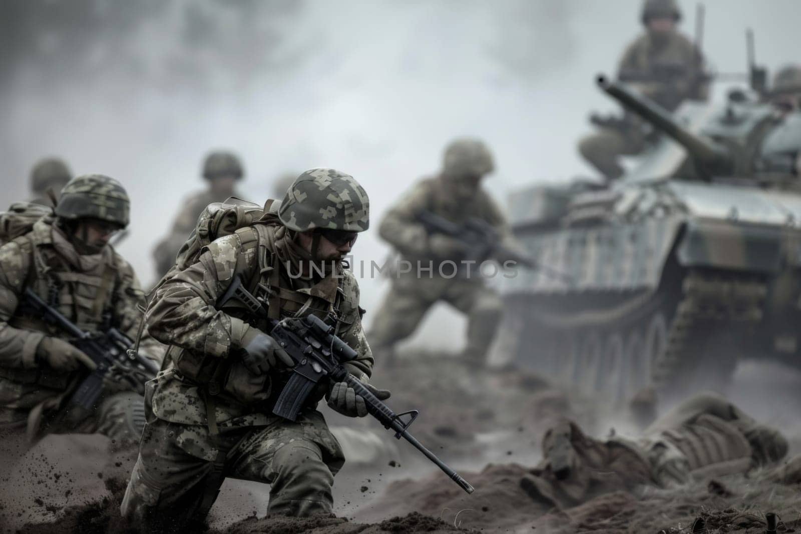 A group of soldiers in military uniforms are seen sprinting through a muddy field, their faces determined and focused. The scene is intense, with splashes of mud flying as they run towards their objective.