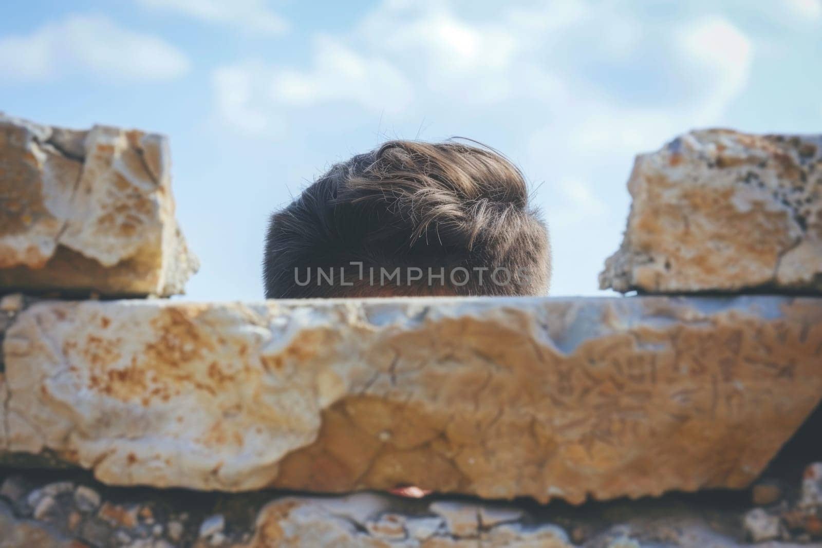 A close-up view of a persons head peering out from behind a rugged stone wall. The individuals features are partially obscured by the weathered stone, creating a sense of mystery and curiosity.