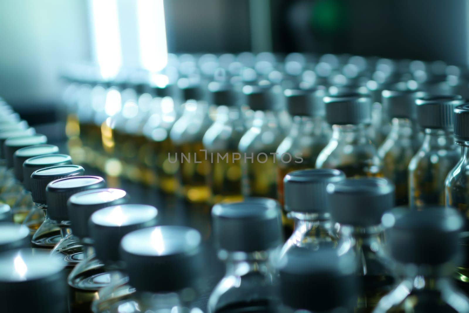 A variety of bottles, ranging from glass to plastic, are neatly arranged on a wooden table. The bottles are of different shapes and sizes, creating an interesting display.