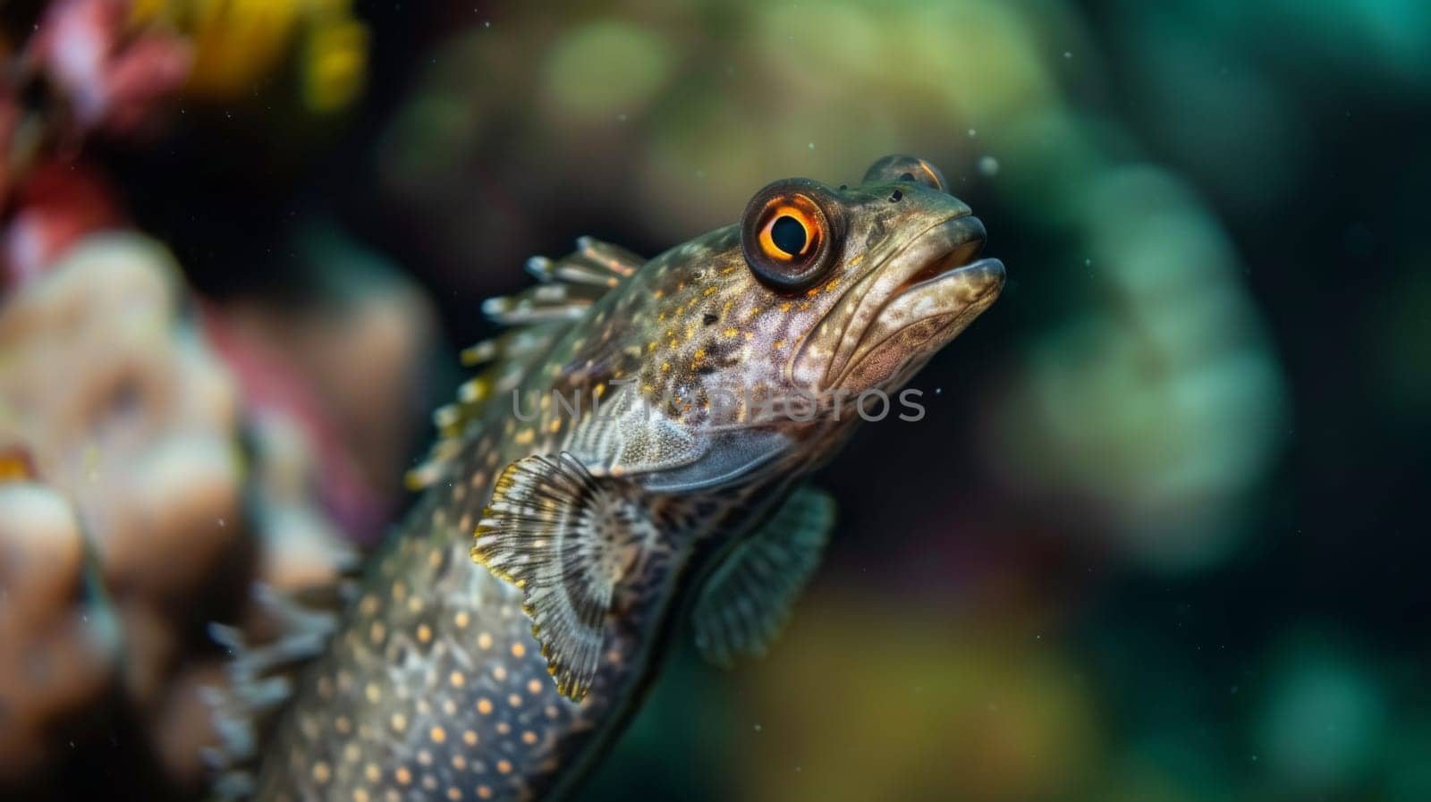 A close-up view of a fish swimming in a tank, showing vibrant colors and intricate details of its scales and fins. The fish is gracefully moving through the water, displaying its natural habitat in captivity.