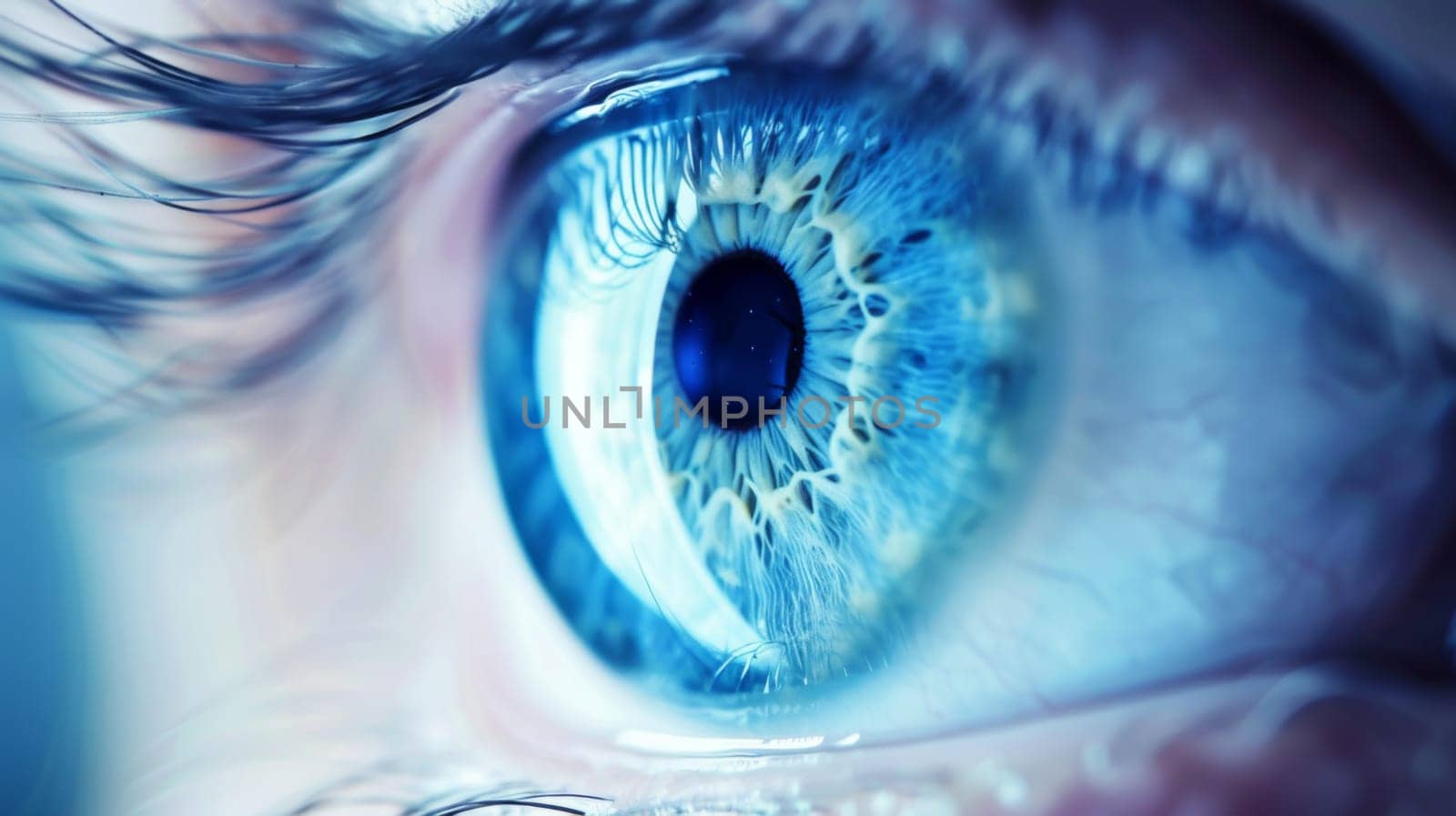 The image shows a detailed view of a human eye, with a striking blue iris and intricate patterns of the pupil and eyelashes.