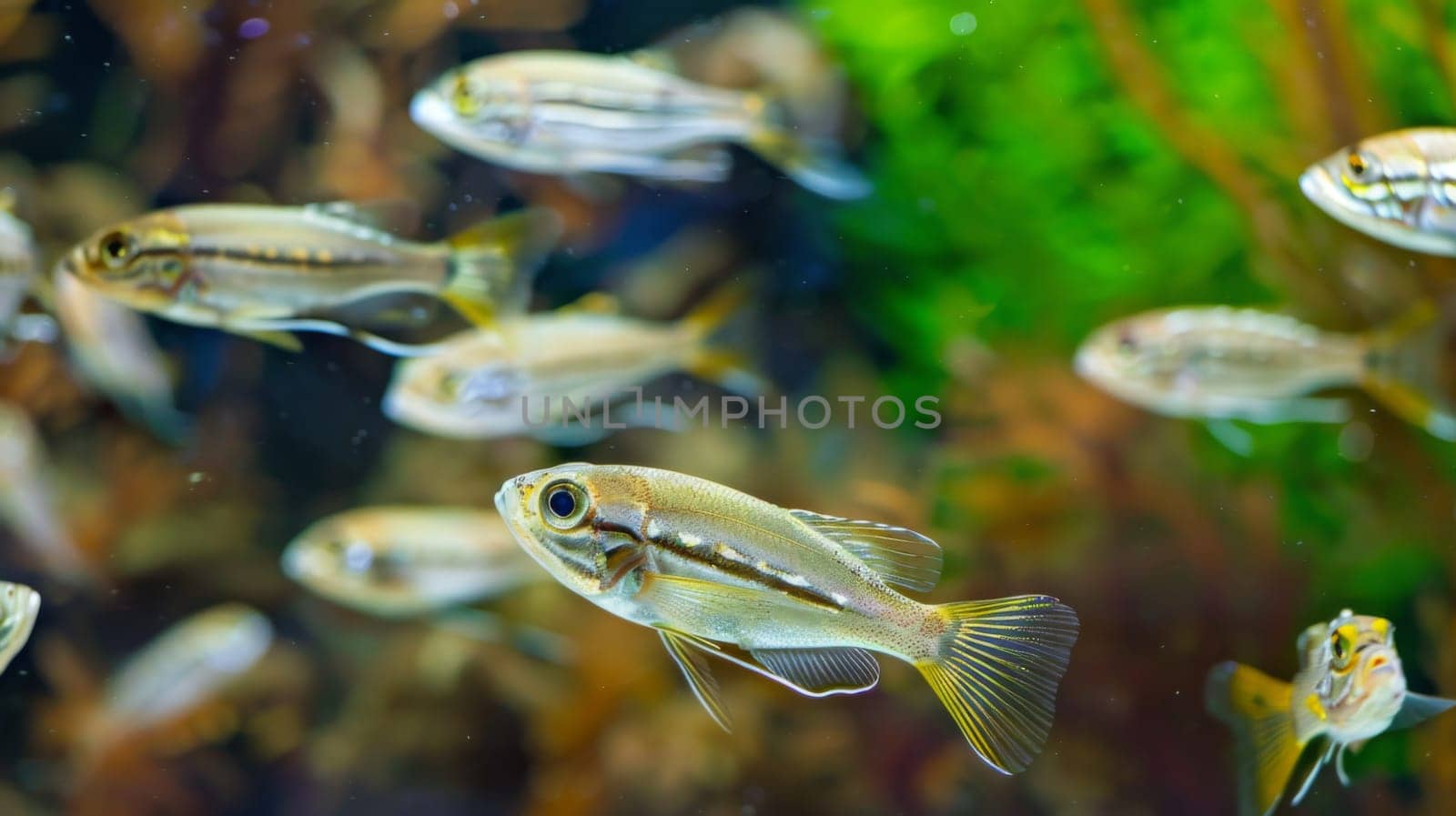 A diverse group of fish of varying sizes and colors swimming together in an aquarium filled with water. The fish move gracefully through the water, their scales glistening under the artificial light.