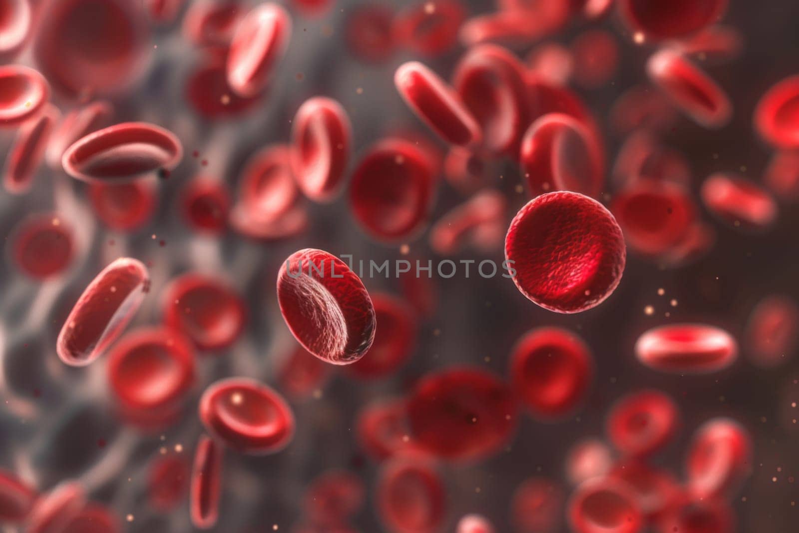 This image shows red blood cells moving through a vein, transporting oxygen and nutrients throughout the body. The cells are small and round, navigating through the narrow passageway of the vein.