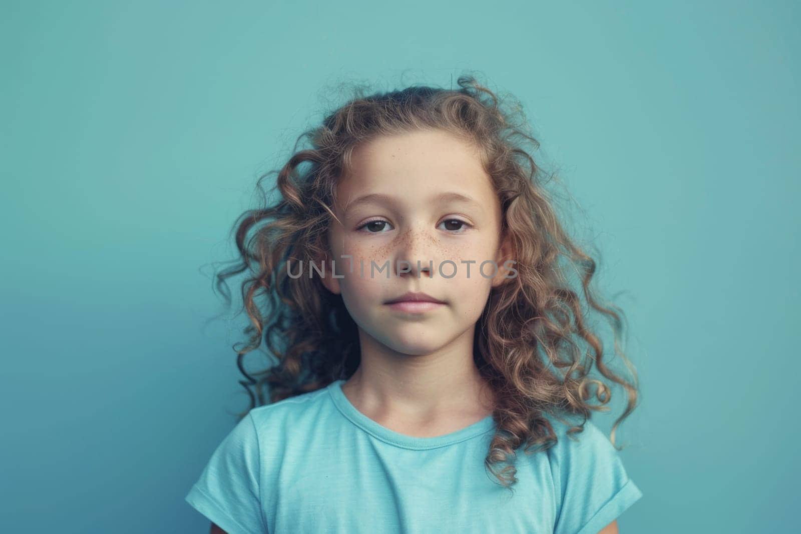 A young girl with curly hair stands confidently in front of a solid blue wall. Her colorful outfit contrasts with the simple background, drawing attention to her vibrant appearance.