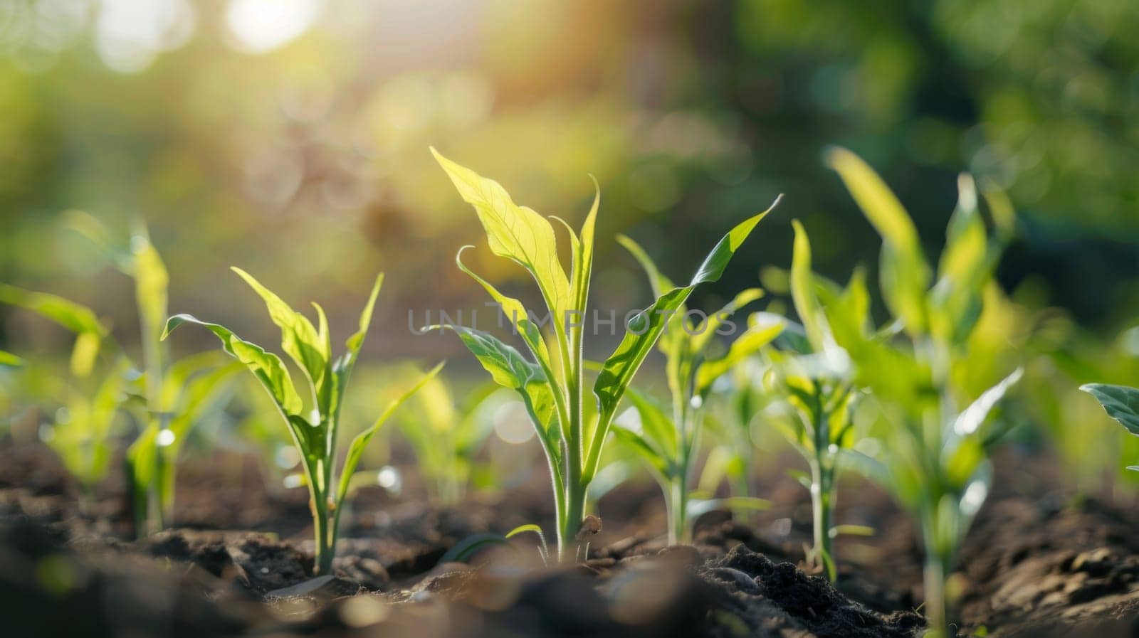 A detailed look at a green plant as it sprouts and grows in dark, rich dirt. The roots delve deep into the soil while the stem stretches upwards towards the sunlight, showcasing the process of plant growth.