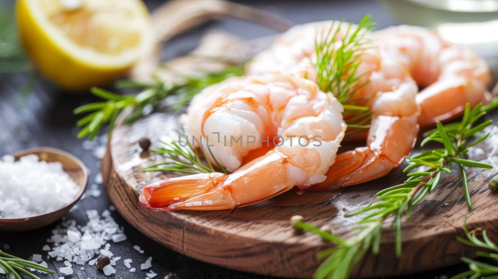 A close-up view of a plate filled with succulent shrimp sitting on a wooden table. The pink and orange hues of the shrimp contrast against the white plate.