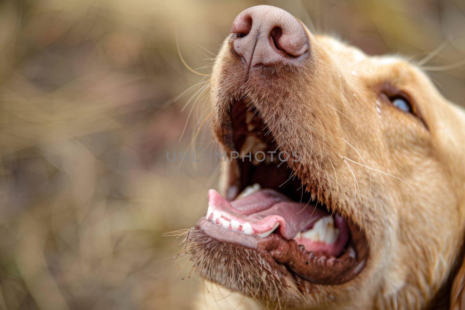 A detailed view of a dog with its mouth wide open, showing teeth and tongue. The dog appears alert and engaged, possibly in anticipation of a treat or toy. Its fur is visible, indicating a short-haired coat and a healthy appearance.