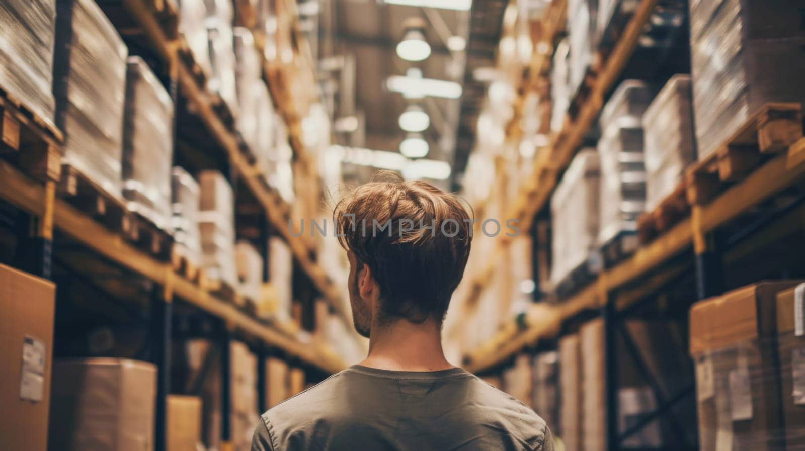 A man is standing in a warehouse, attentively inspecting a stack of cardboard boxes. The warehouse is dimly lit, with shelves filled with various goods surrounding him. He seems focused on the task at hand.