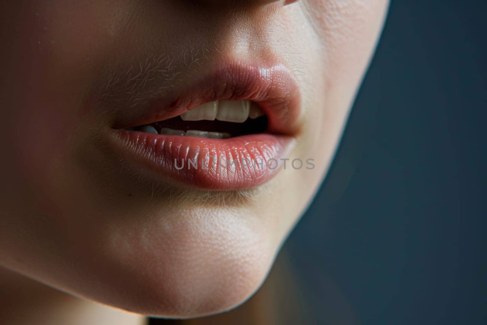 A close-up view of a womans face with her mouth wide open. The image focuses on the womans facial expression as she engages in the action of opening her mouth.