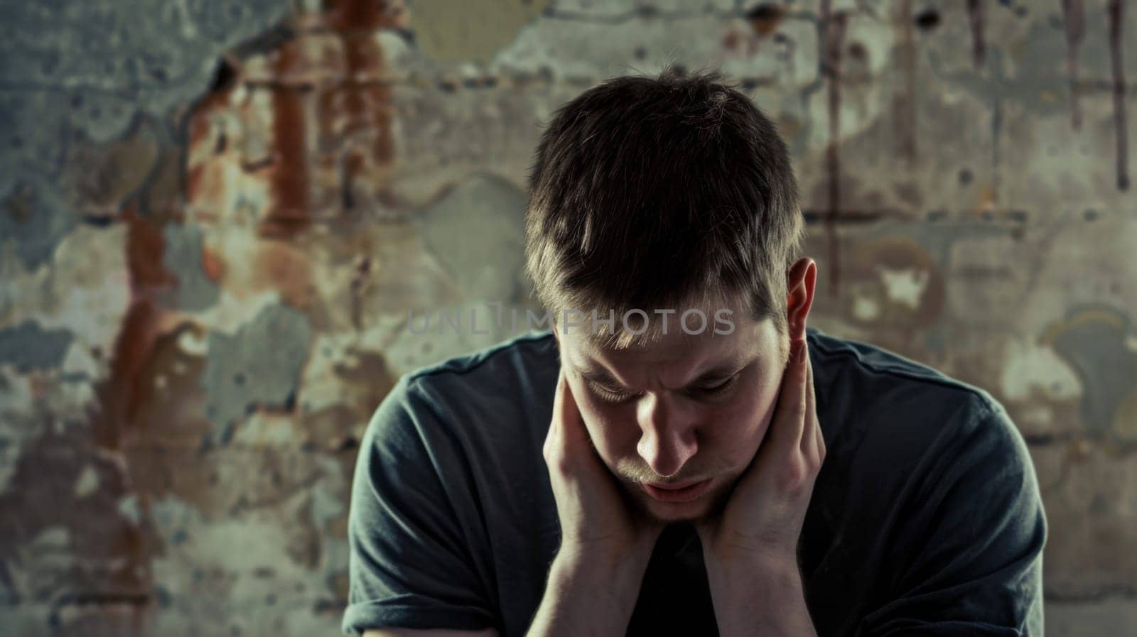 A man sitting in front of a wall with his hands pressed against his face. He appears deep in thought or distress, with a pensive expression on his face.