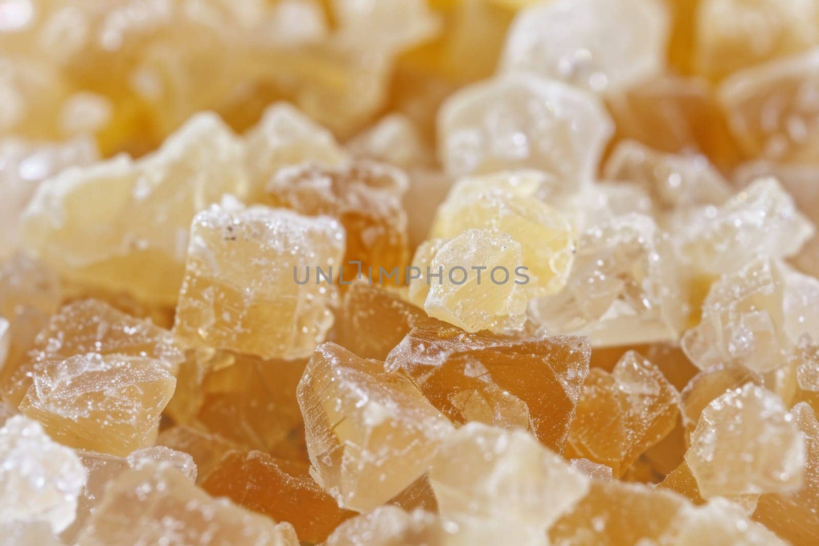 A mound of sugar crystals in shades of yellow and white is piled high, glistening under the light. The crystals are irregular in shape, reflecting the granulated texture of sugar.