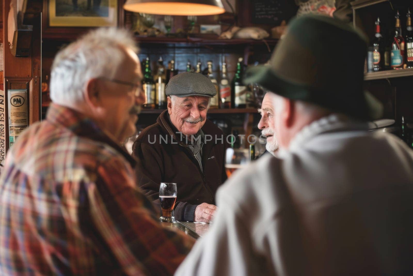 Three men are seated at a bar, engaged in conversation. They appear to be actively discussing topics of interest, leaning in towards one another. The atmosphere is casual and sociable as they exchange ideas and opinions.