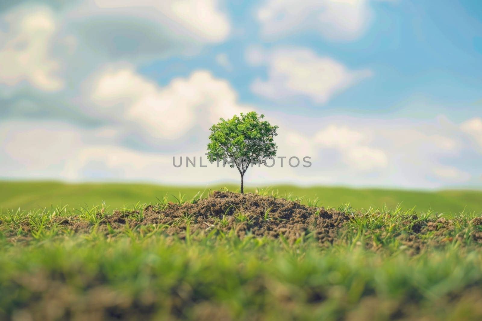 A single tree stands tall in the center of a vast field. The trees branches reach out against the sky, contrasting with the flat landscape around it.