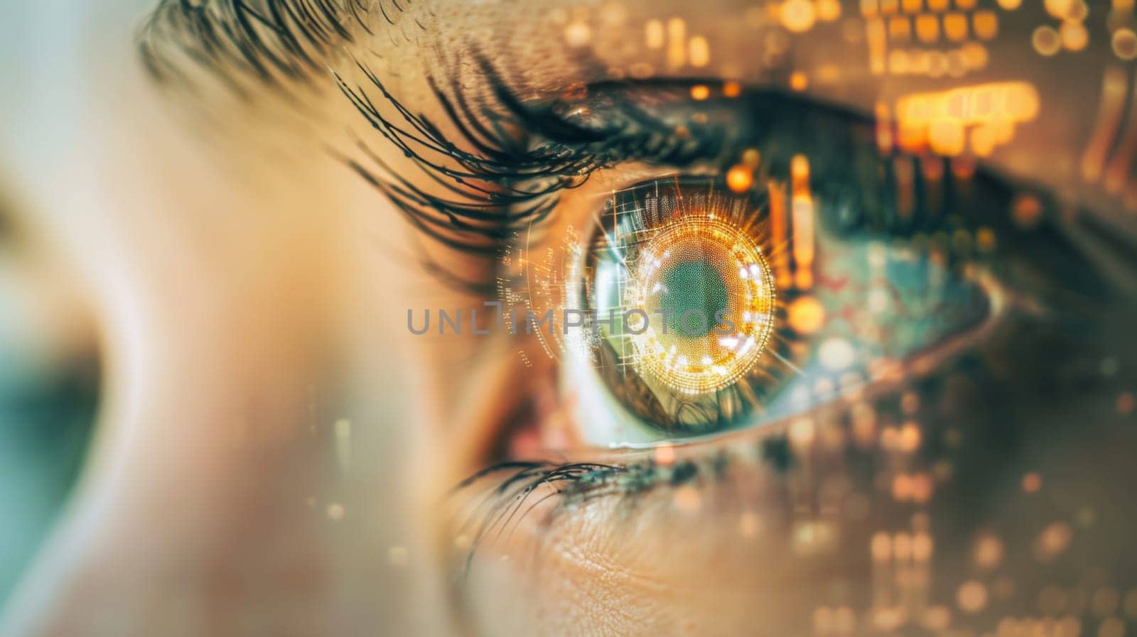 A close-up view of a persons eye as they gaze at a city skyline in the background. The eye is detailed, with the iris and eyelashes visible, while towering buildings and urban structures create a striking contrast against the iris.