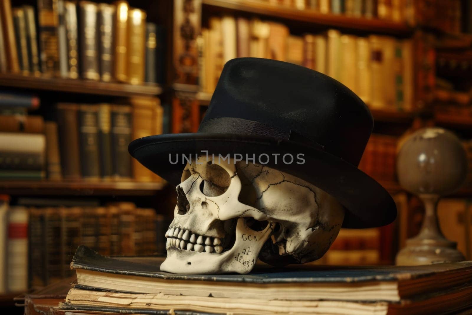 A skull with a black hat perched on top, surrounded by a stack of books. The skull is prominently featured, with the hat adding a touch of character. The books underneath suggest knowledge or education.