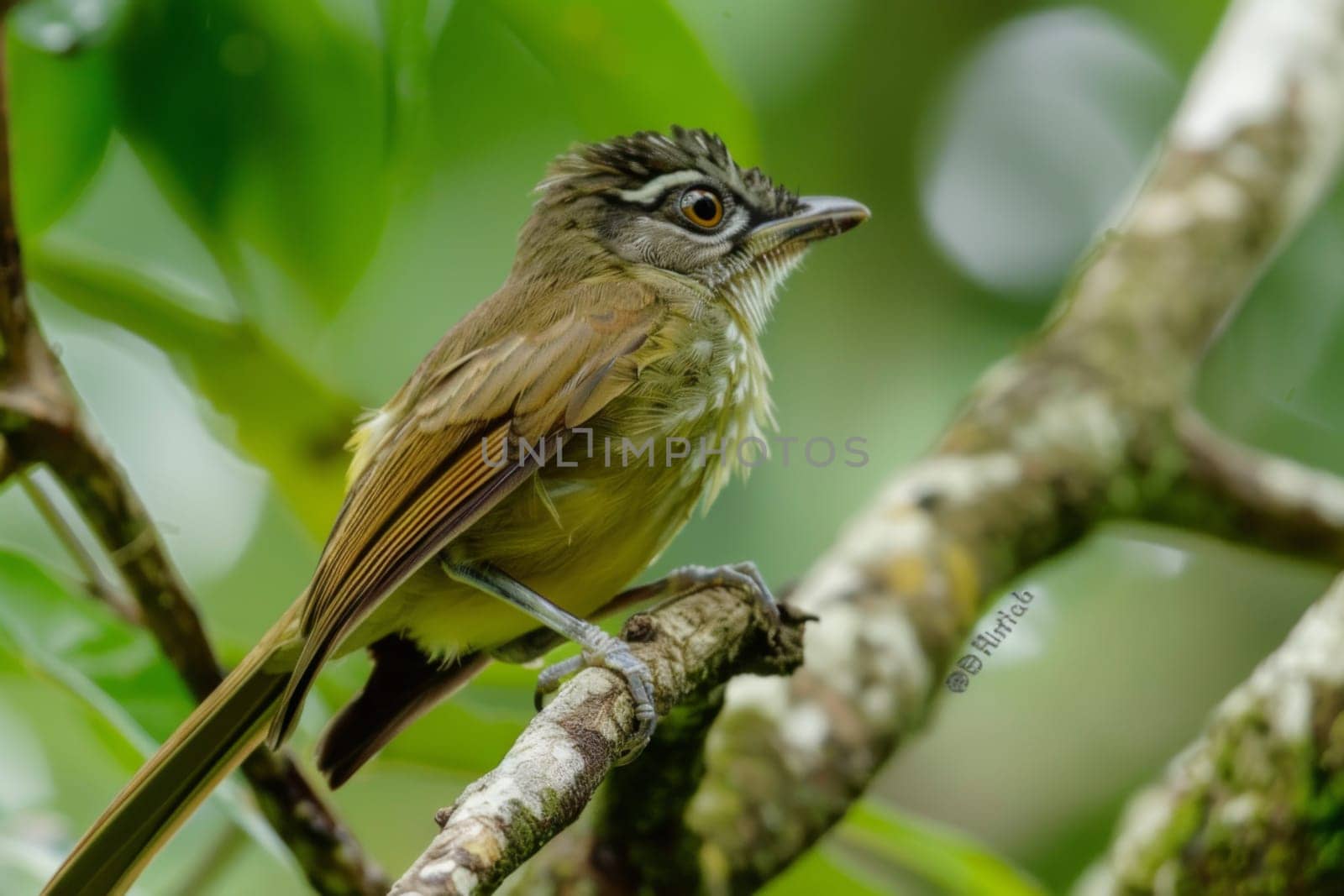 A small bird is perched on a tree branch, looking around. Its feathers are a mix of brown and white, blending with the bark of the tree. The bird seems alert and observant, possibly searching for food or watching for predators.