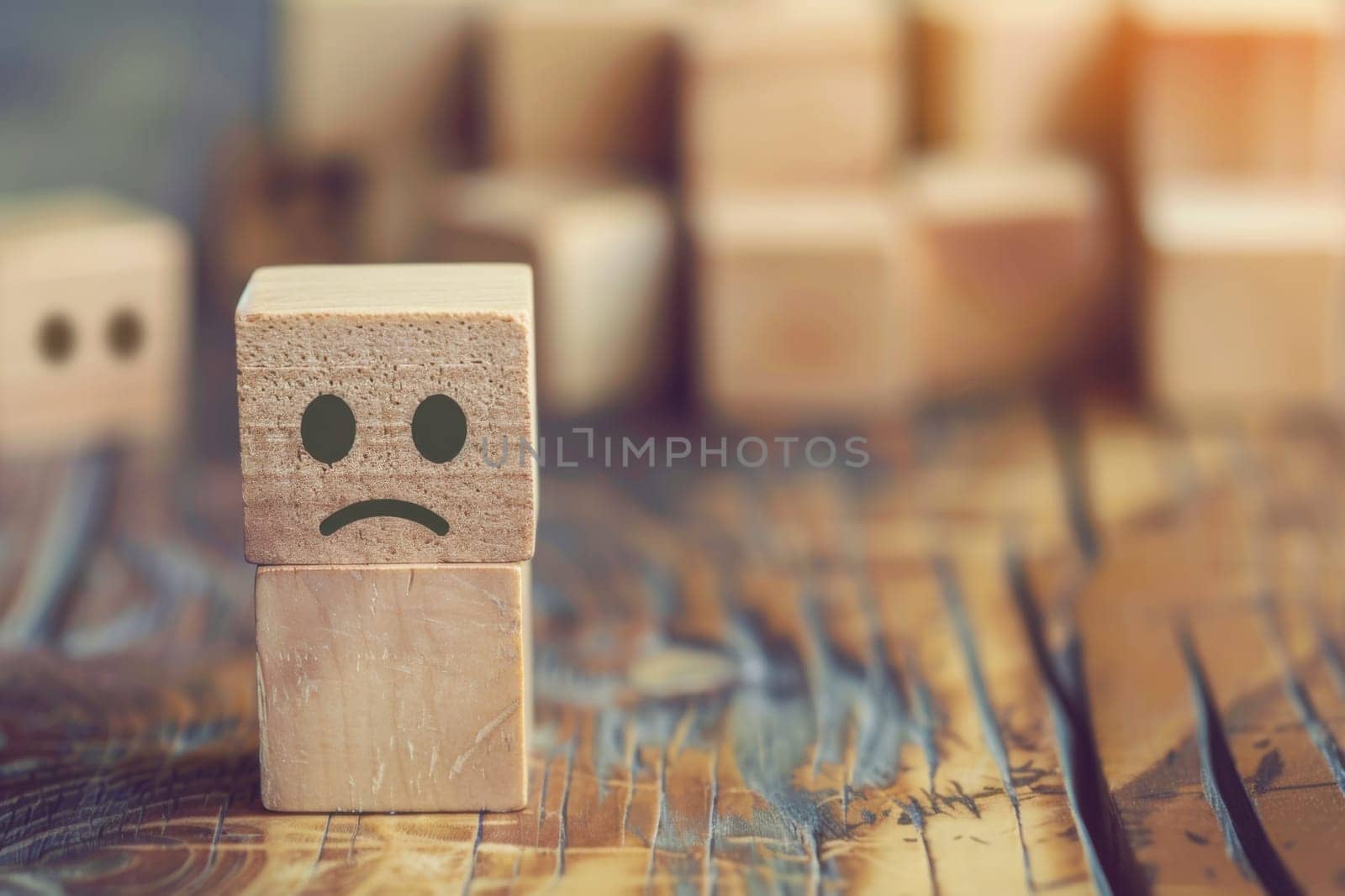 A wooden block with a sad face drawn on it, depicting a frown and downturned eyes. The sad expression is prominently displayed on the smooth surface.