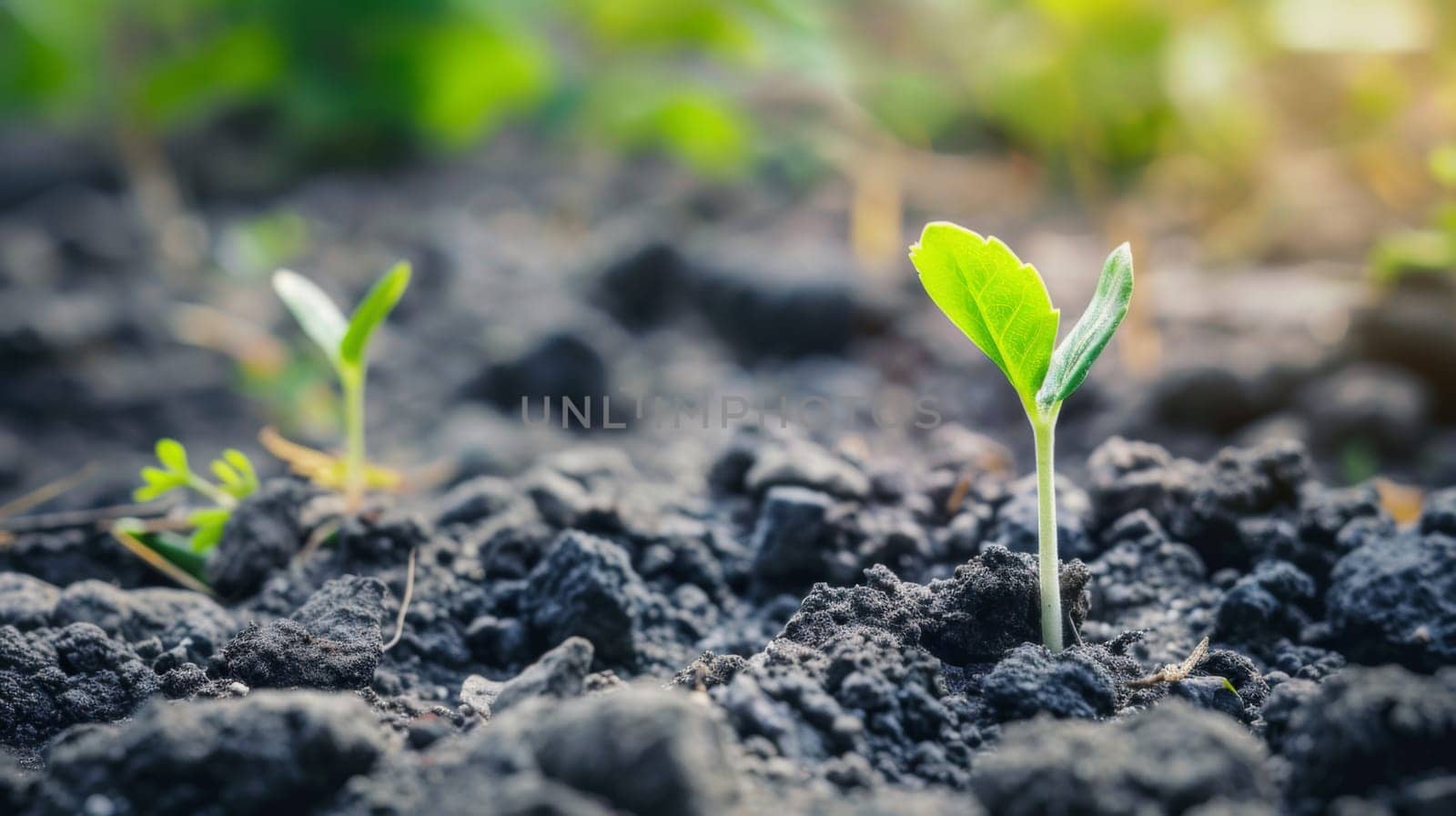 A close-up view of a small green plant sprouting from the brown dirt. The plants stems and leaves are visible, showing signs of growth and life.