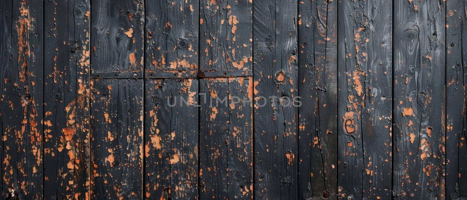 Panoramic shot of aged black wooden boards with traces of orange paint, showing a unique texture