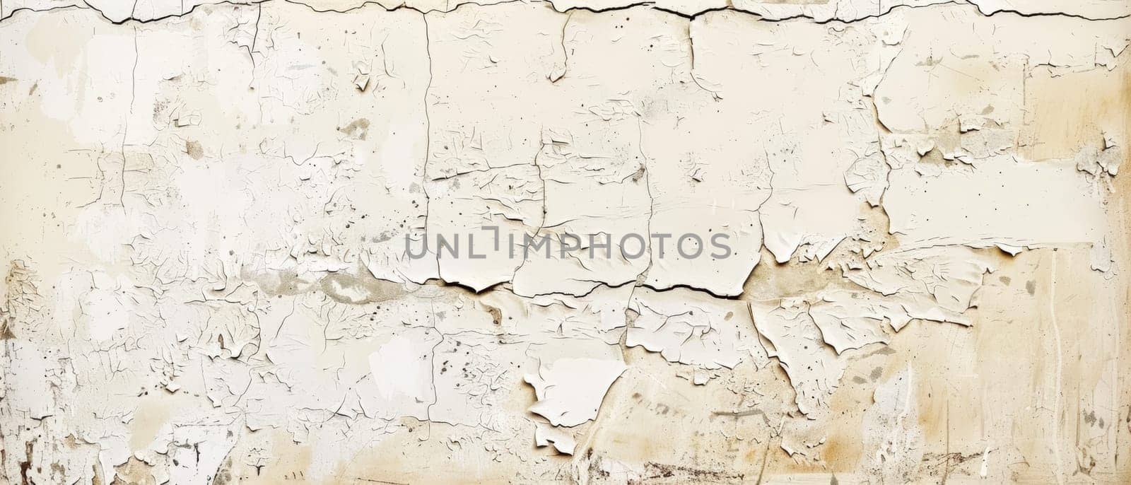 Panoramic view of a beige decaying wall with a rich tapestry of peeling paint and textured detail