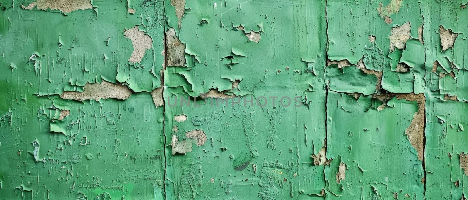 Wide-angle view of a deteriorated emerald green painted surface, showcasing a mix of peeling layers, crackled patterns, and underlying textures