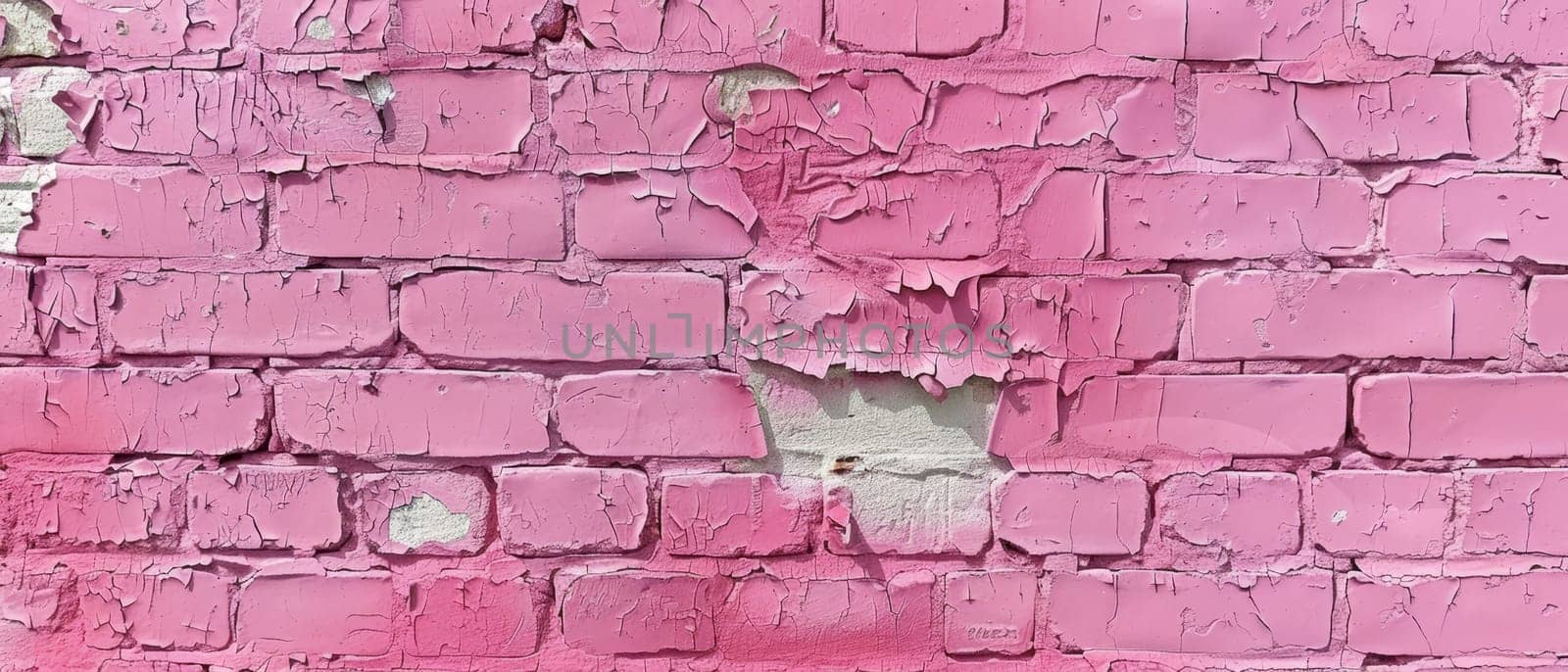 Wide angle view of a dilapidated pink brick wall, with peeling paint and signs of wear, perfect for background or texture use