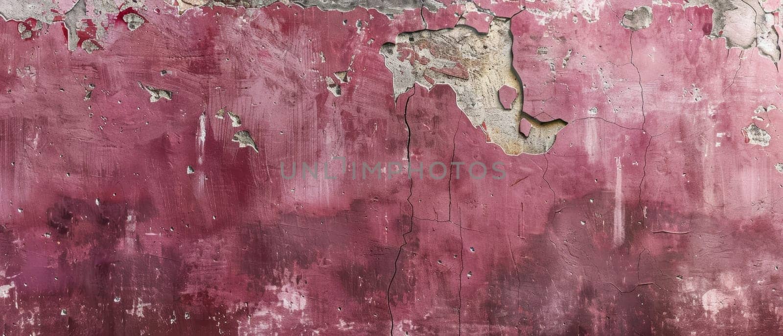 Wide perspective of a crumbling burgundy painted surface with patches of decay and layered paint textures
