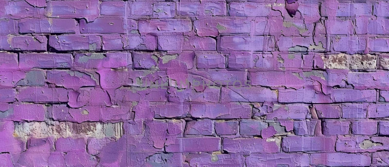 Wide shot of a purple brick wall with visible damage and decay, a stark reminder of nature's wear on manmade structures