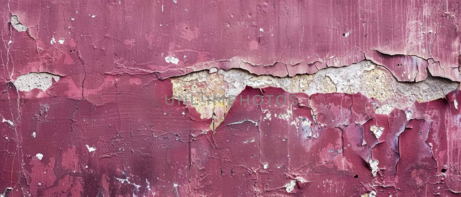 Wide perspective of a crumbling burgundy painted surface with patches of decay and layered paint textures