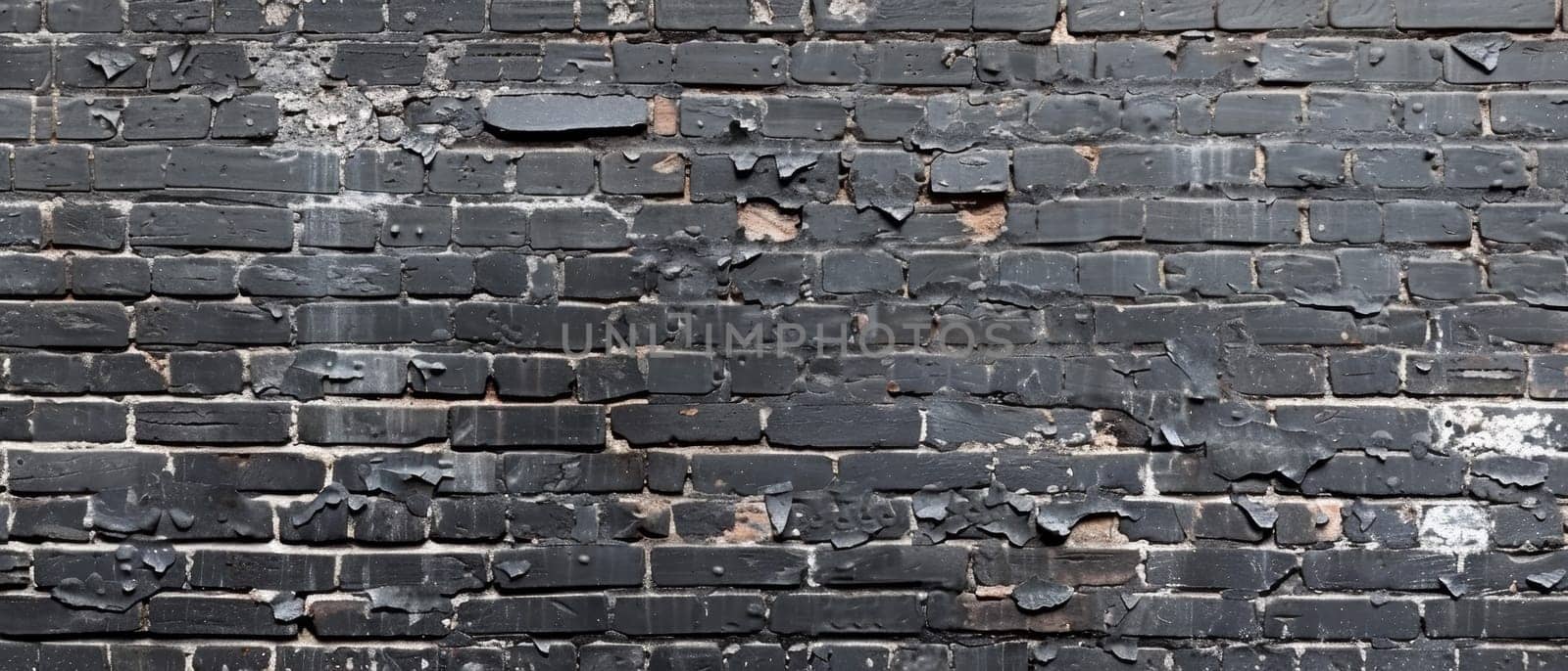 Wide angle shot of an aged black brick wall with peeling paint and scattered flaking, ideal for backgrounds