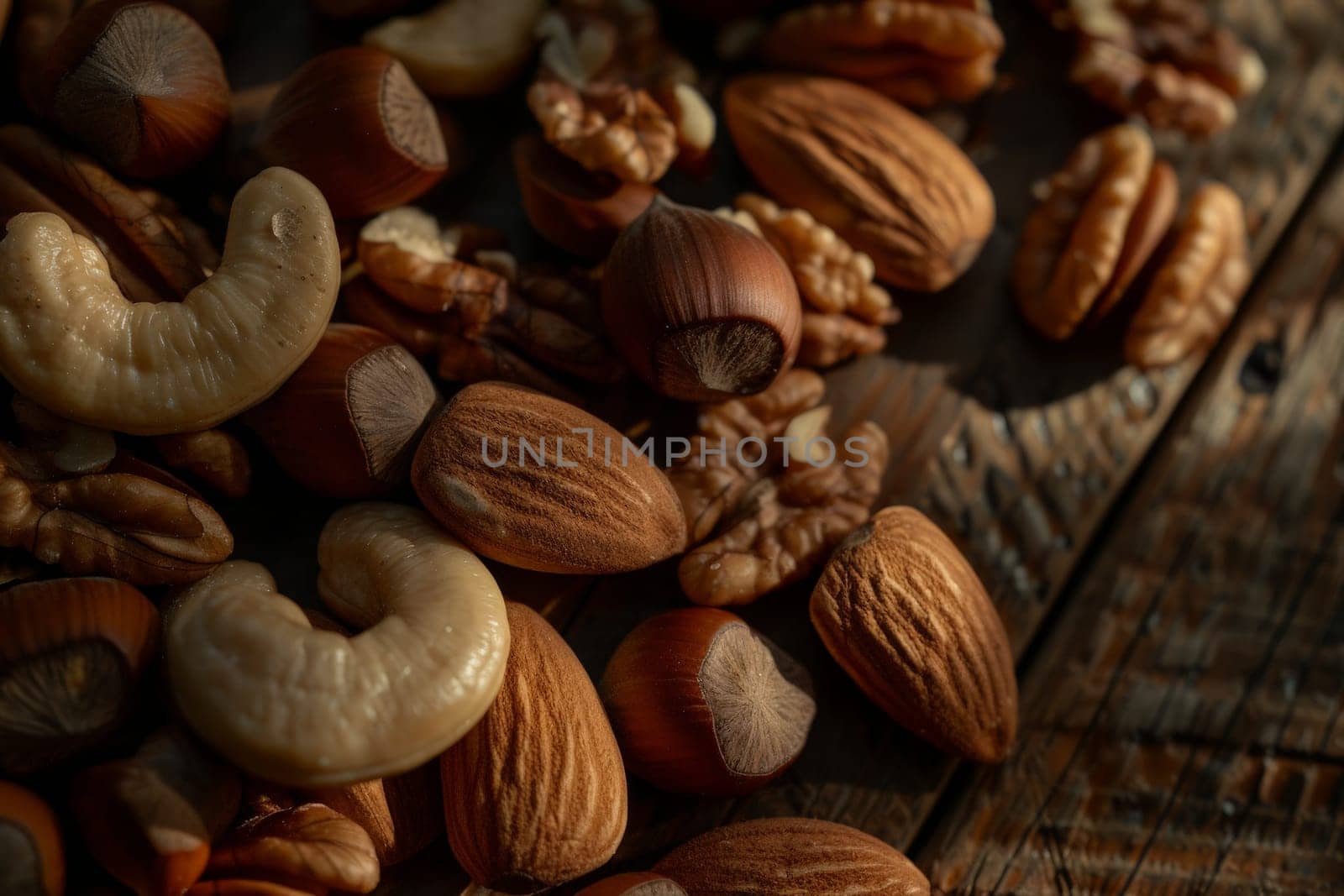 A variety of mixed nuts piled high on a rustic wooden table.