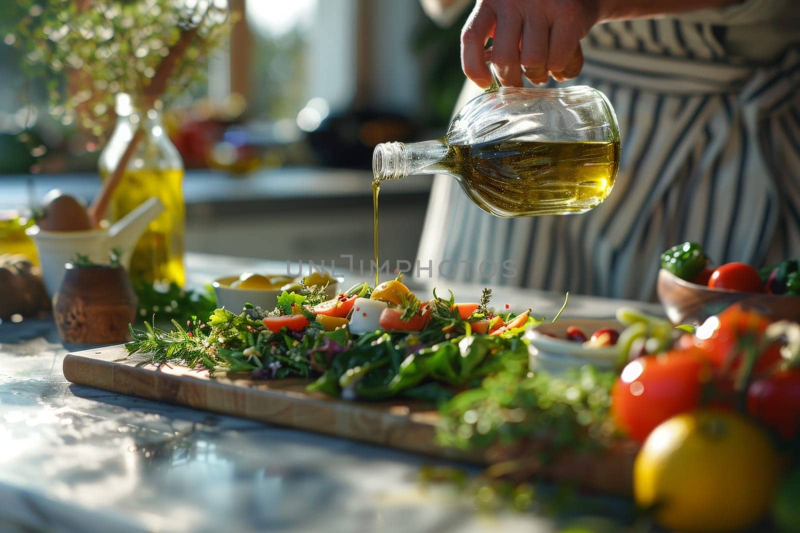 A chef gracefully pours olive oil onto a vibrant salad in a sunlit kitchen, creating a harmonious symphony of tastes and colors.