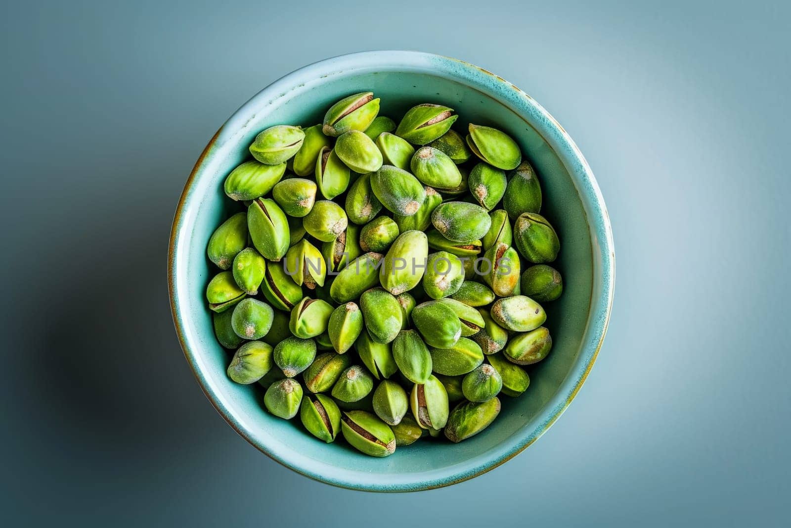 A tranquil scene featuring a vibrant blue bowl overflowing with delicious pistachios, resting gracefully on top of a wooden table.