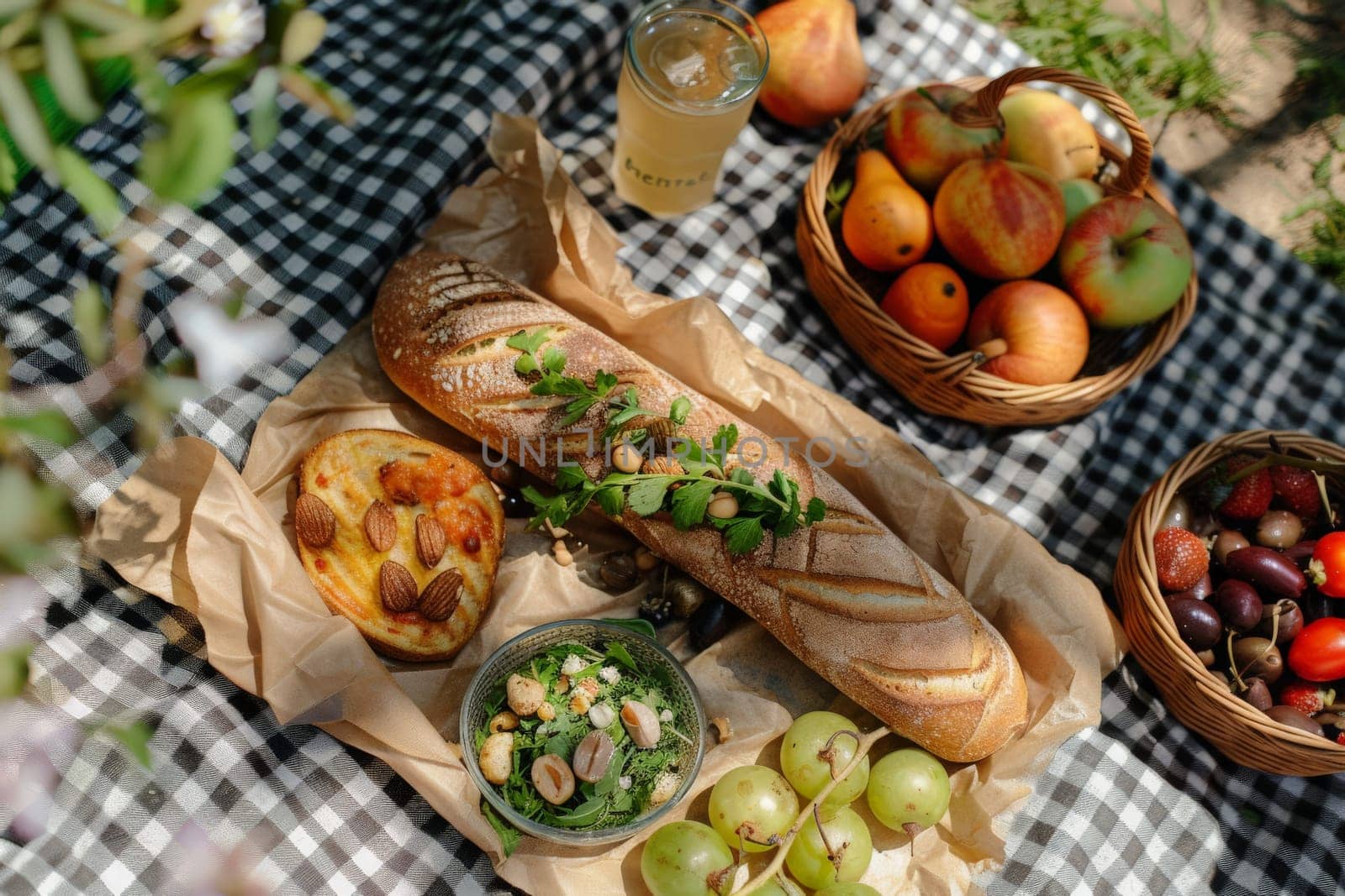 A table displays a variety of fresh bread, colorful fruits, and vibrant vegetables under the sun.