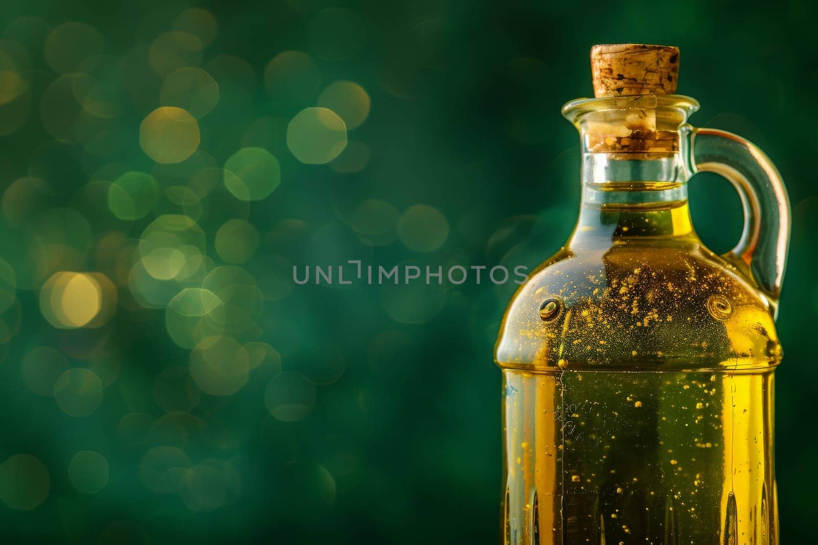 An isolated bottle of olive oil, its glass shimmering in the light.