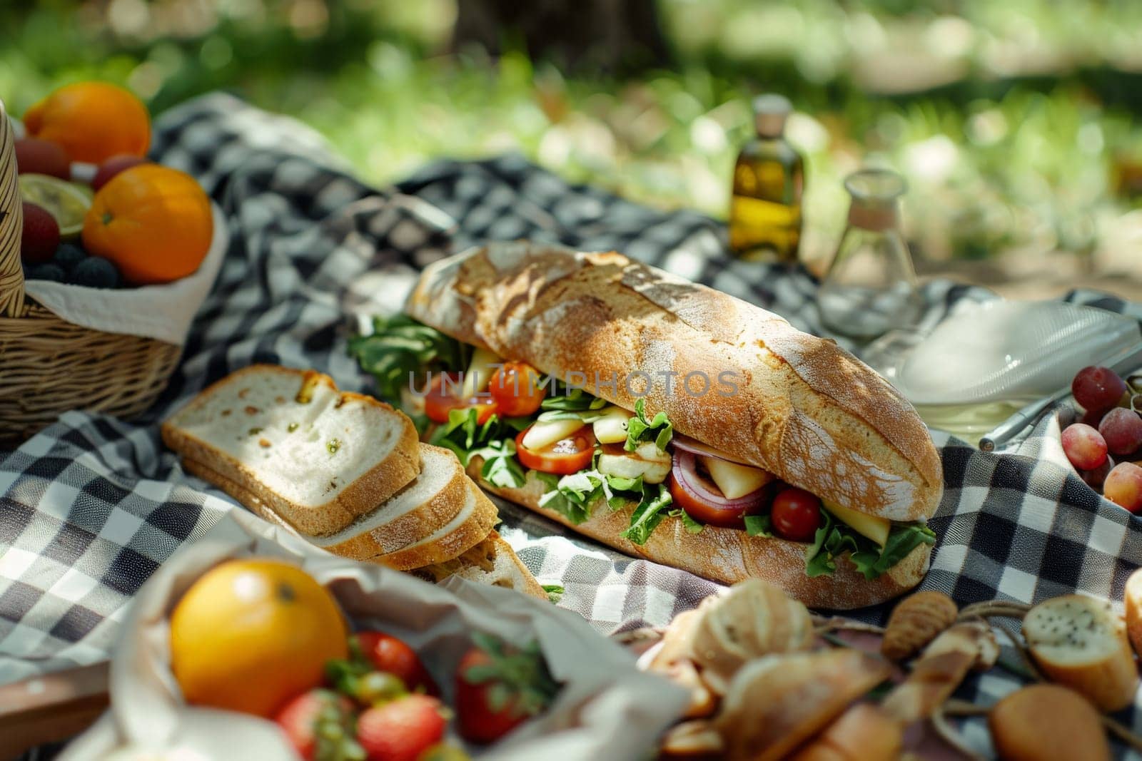 A vibrant outdoor picnic spread with a variety of fresh bread, colorful fruits, and crisp vegetables under the sun.