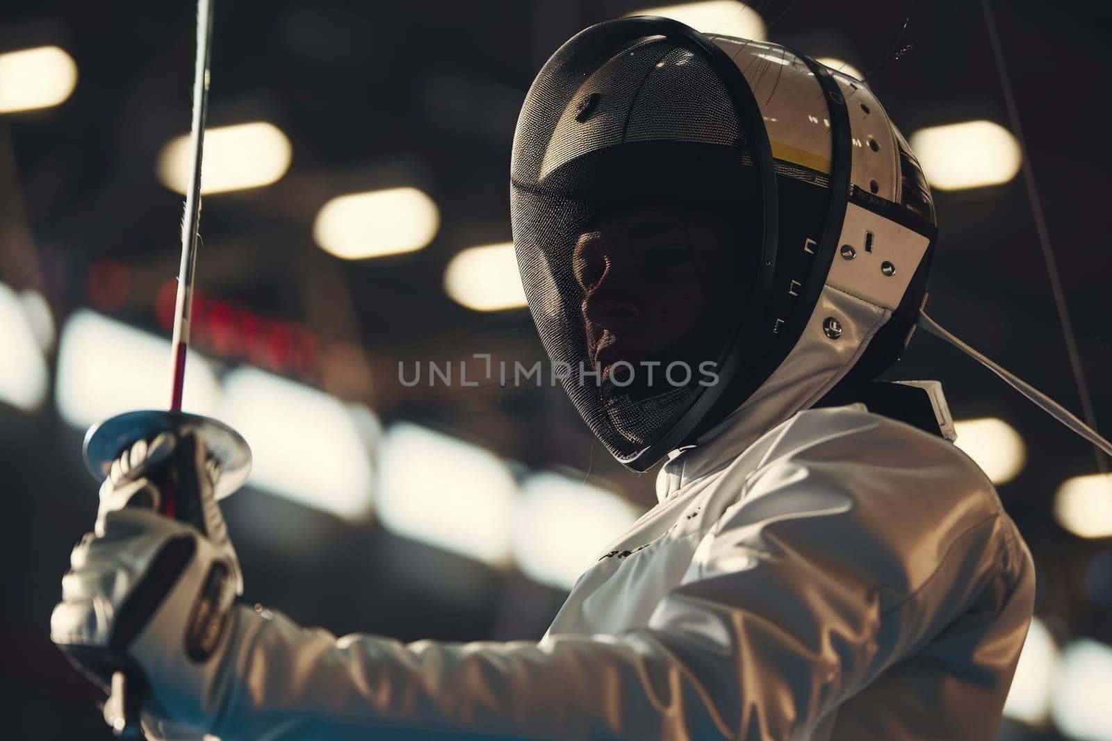 A fencer, clad in protective gear, grips his foil with determination, ready for a duel.