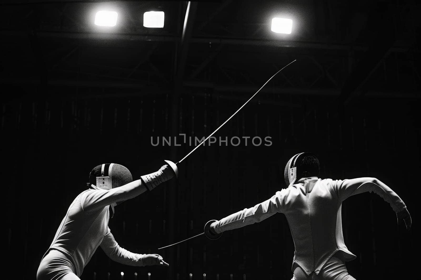 Two fencers engage in an intense bout, their foils crossed under the stark glare of overhead lights.