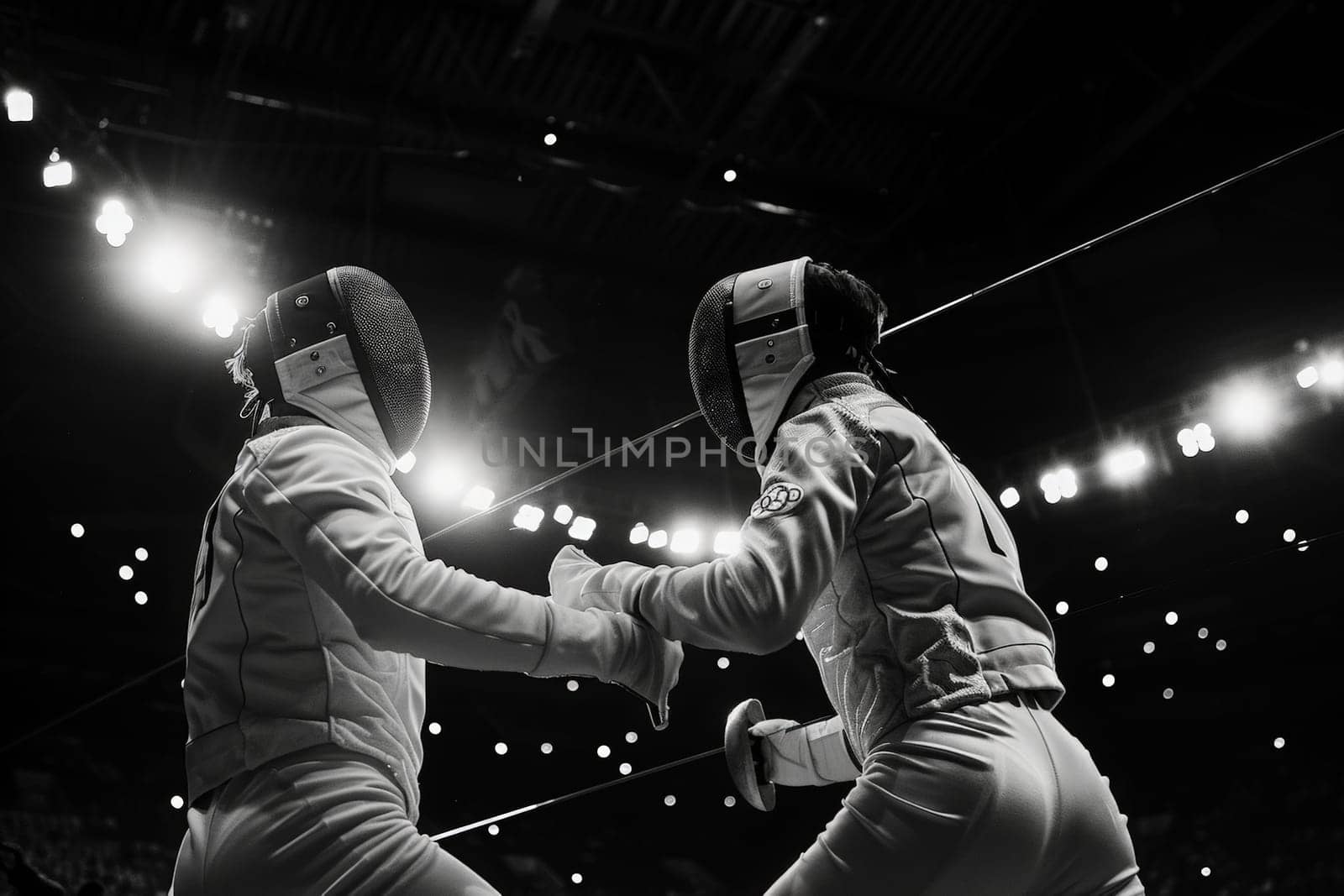 Two fencers engaged in a focused bout, illuminated by dramatic overhead lighting.