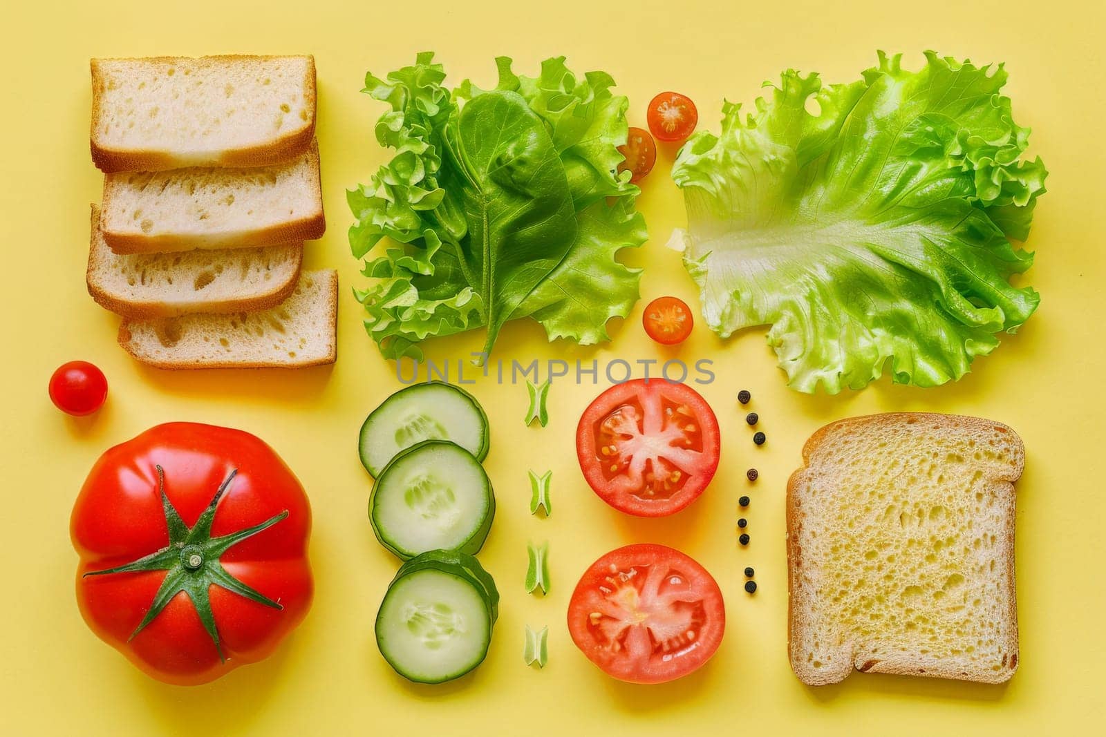 A delightful mix of colorful vegetables and assorted bread varieties beautifully arranged on a sunny yellow surface.