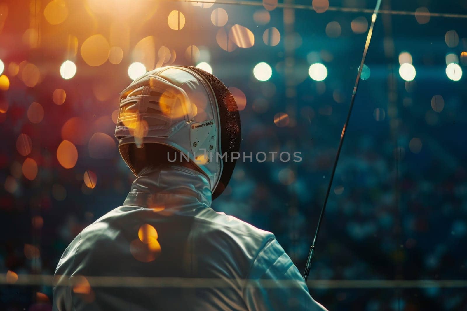 A fencer anticipates their next move under the allure of shimmering lights.
