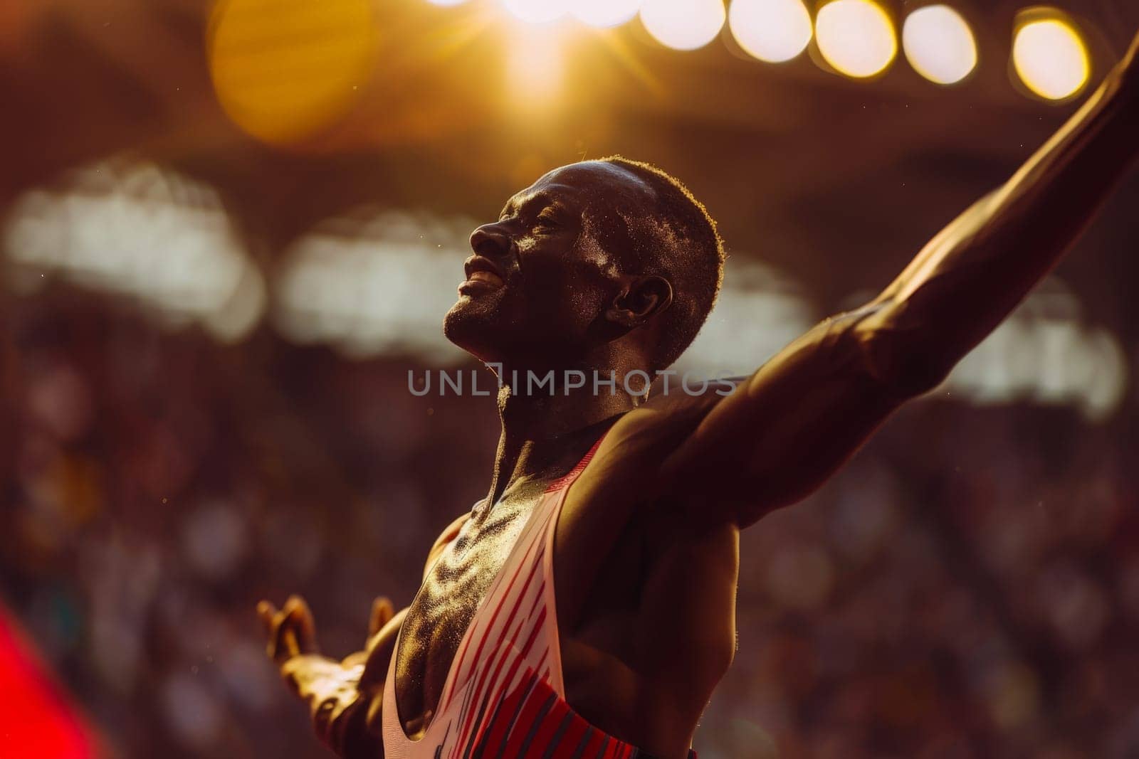 A man in a red and white shirt lifts his arms in victory, exuding energy and power.